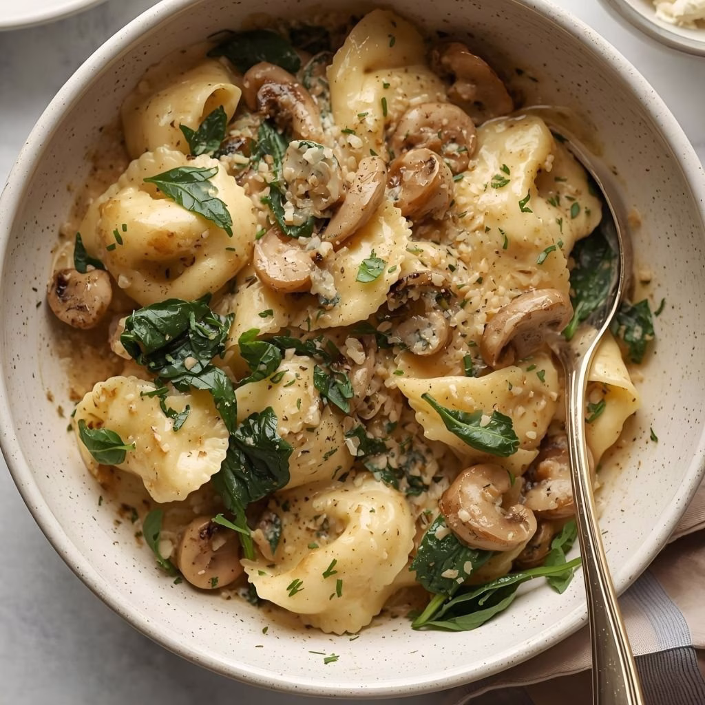 Creamy Tortellini with Spinach and Mushrooms Recipe