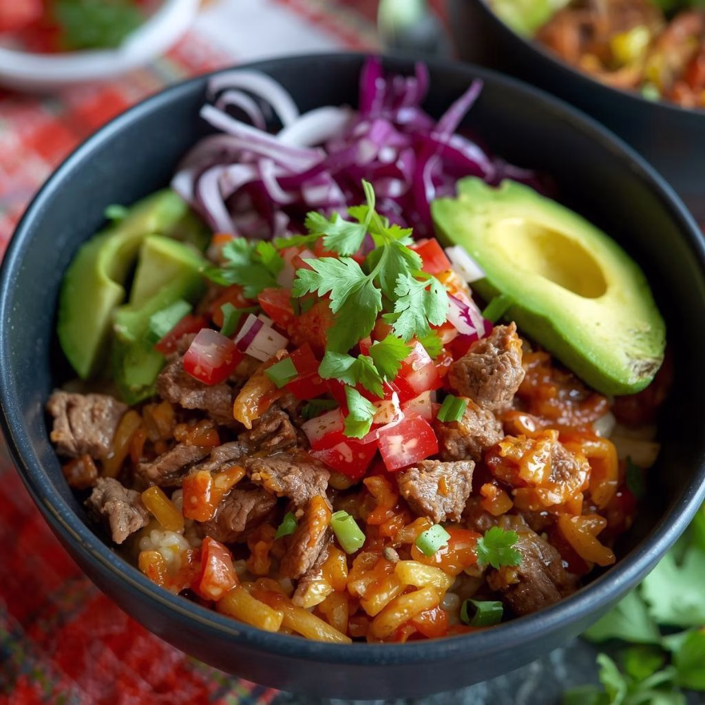 Taco Rice Bowl with Seasoned Beef and Fresh Toppings Recipe