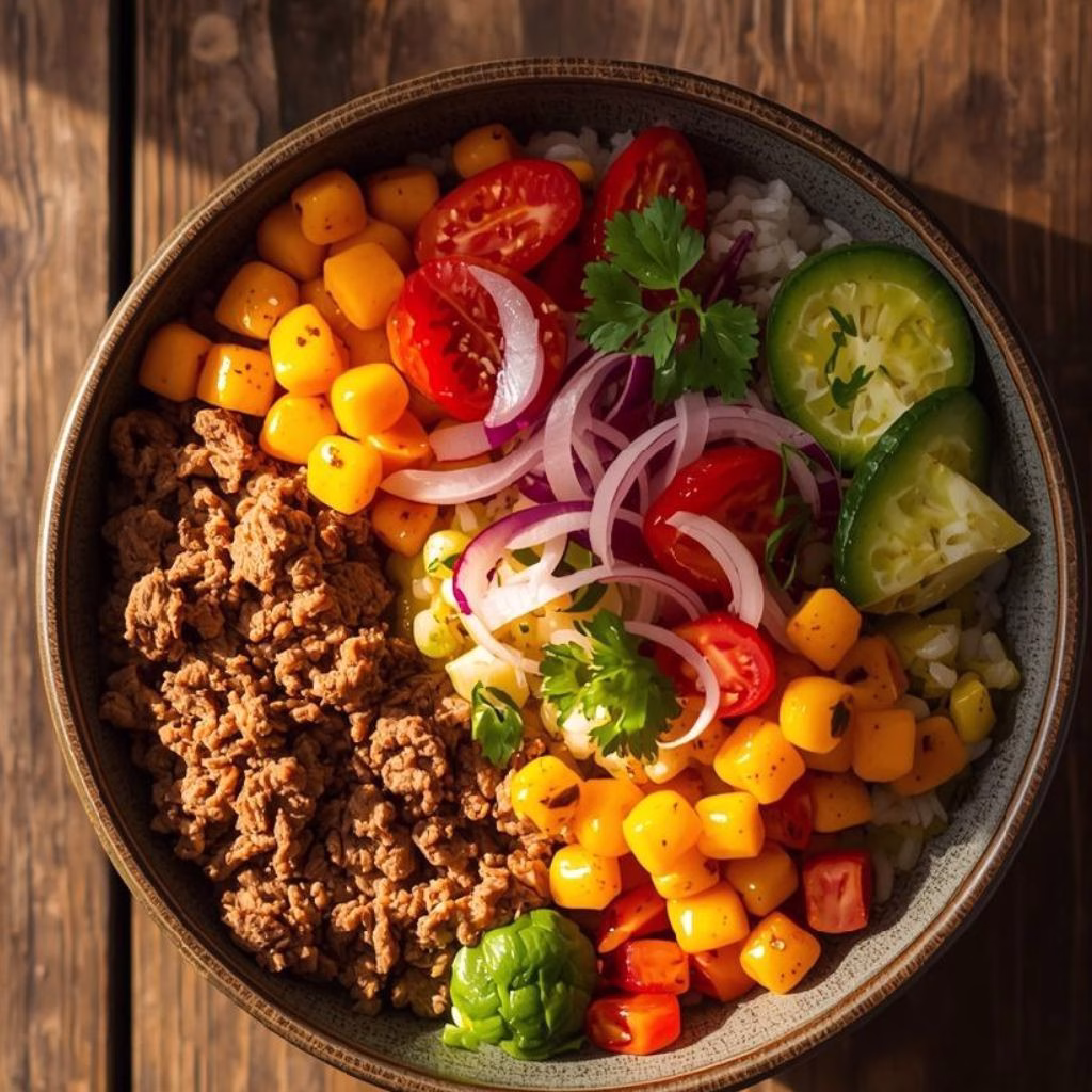 Taco Rice Bowl with Seasoned Beef and Fresh Toppings Recipe