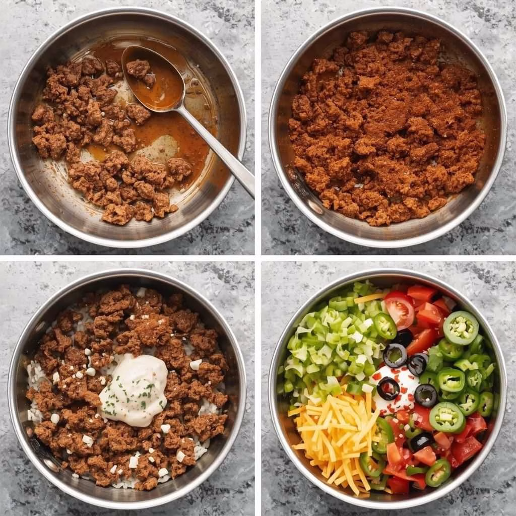 Taco Rice Bowl with Seasoned Beef and Fresh Toppings Recipe