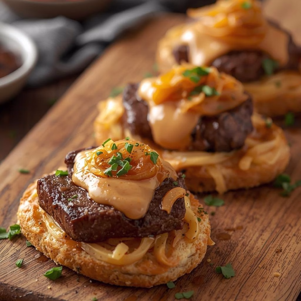 Steak Crostini with Creamy Horseradish Sauce and Caramelized Onions Recipe