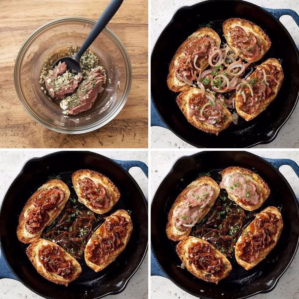 Steak Crostini with Creamy Horseradish Sauce and Caramelized Onions Recipe