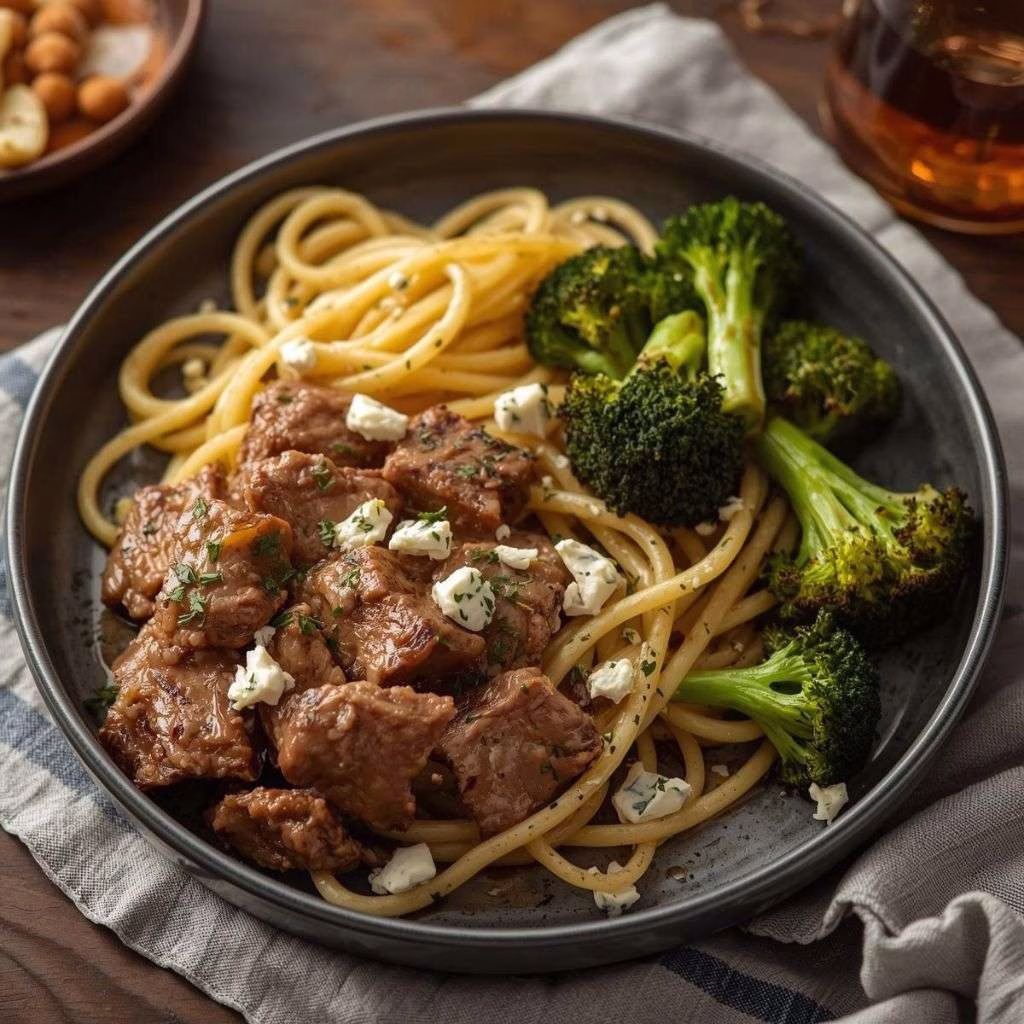 Steak and Blue Cheese Pasta with Roasted Broccoli Recipe