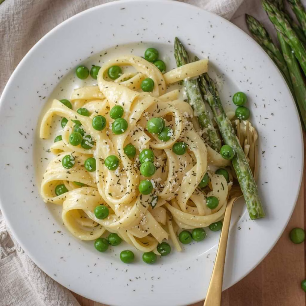 Garlic Cream Bucatini with Peas and Asparagus Recipe