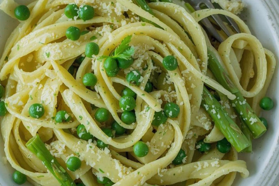 Garlic Cream Bucatini with Peas and Asparagus Recipe