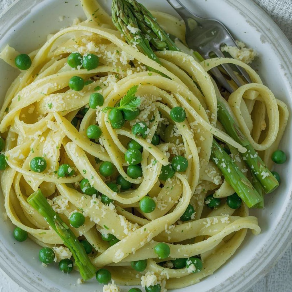 Garlic Cream Bucatini with Peas and Asparagus Recipe