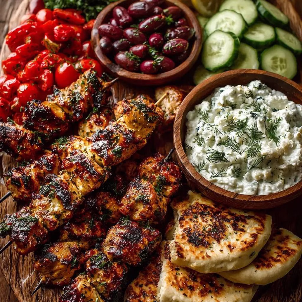 Greek Chicken Souvlaki Grazing Board with Feta Dip