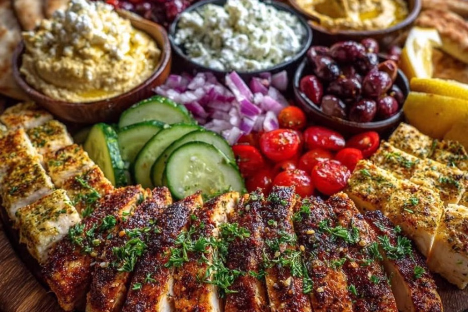 Greek Chicken Souvlaki Grazing Board with Feta Dip