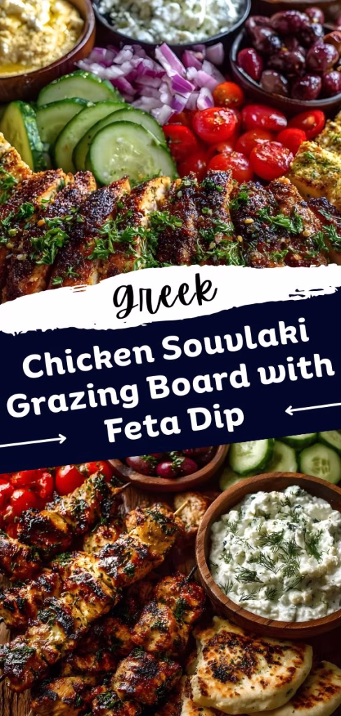 Greek Chicken Souvlaki Grazing Board with Feta Dip