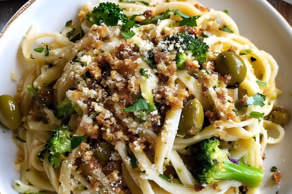Green Olive Linguine with Broccolini & Breadcrumbs