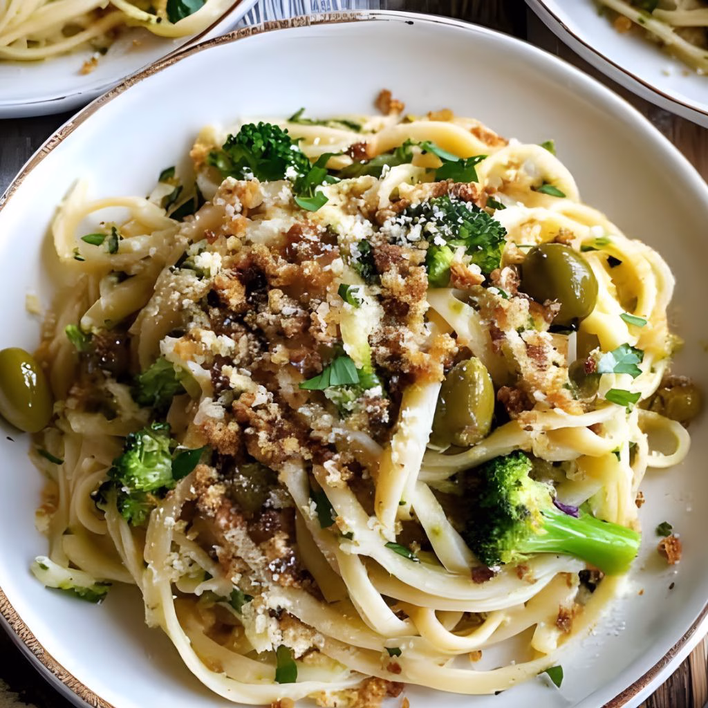 Green Olive Linguine with Broccolini & Breadcrumbs