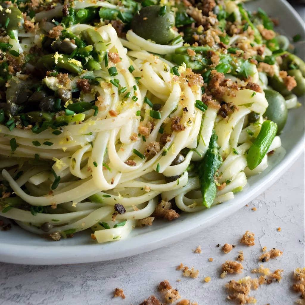 Green Olive Linguine with Broccolini & Breadcrumbs