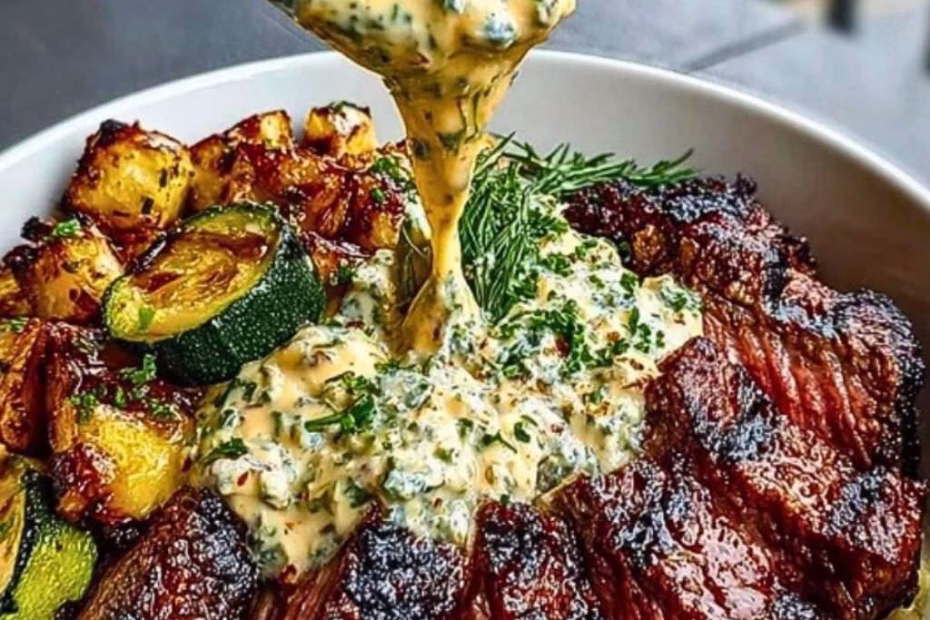 Grilled Steak Bowl with Sauce & Grilled Zucchini Recipe