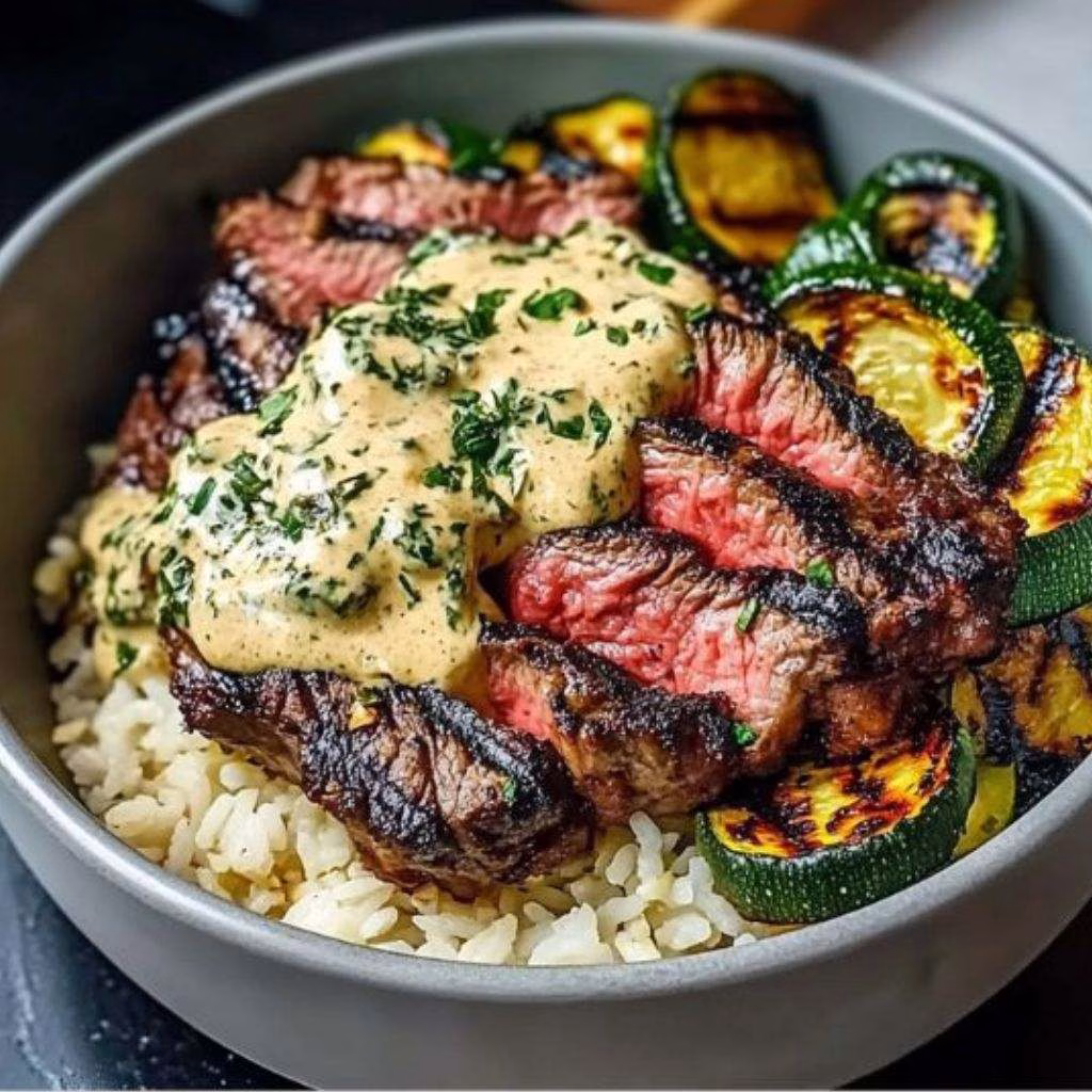 Grilled Steak Bowl with Sauce & Grilled Zucchini Recipe