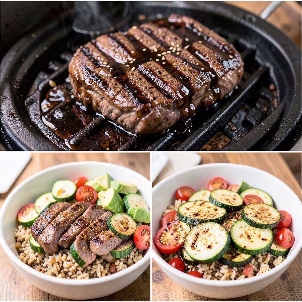 Grilled Steak Bowl with Sauce & Grilled Zucchini Recipe