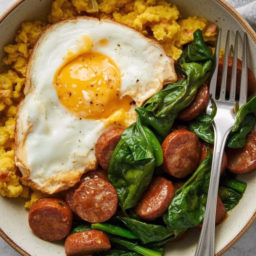 Protein-Packed Scrambled Eggs with Chicken Sausage & Sautéed Spinach Recipe