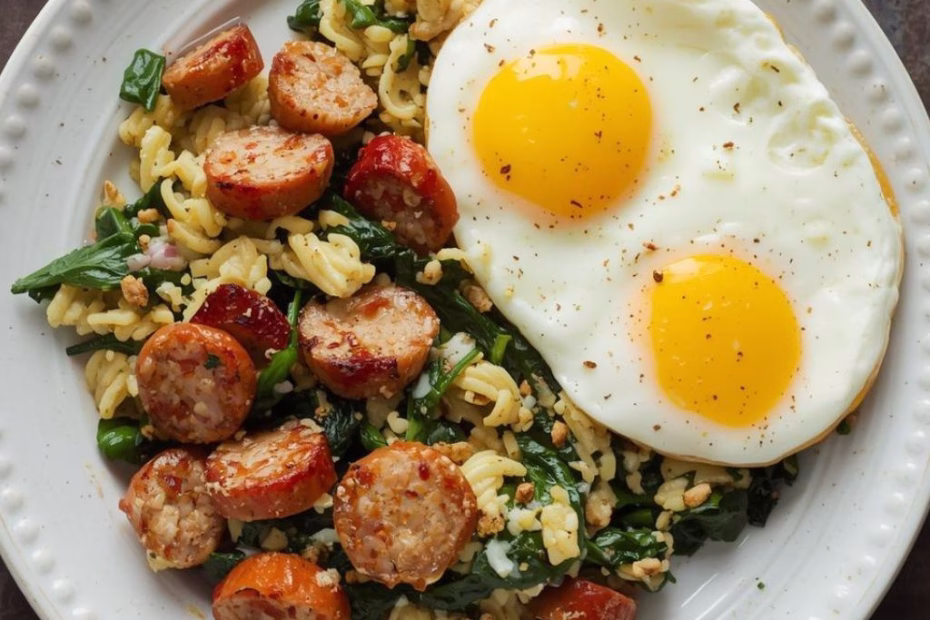 Protein-Packed Scrambled Eggs with Chicken Sausage & Sautéed Spinach Recipe