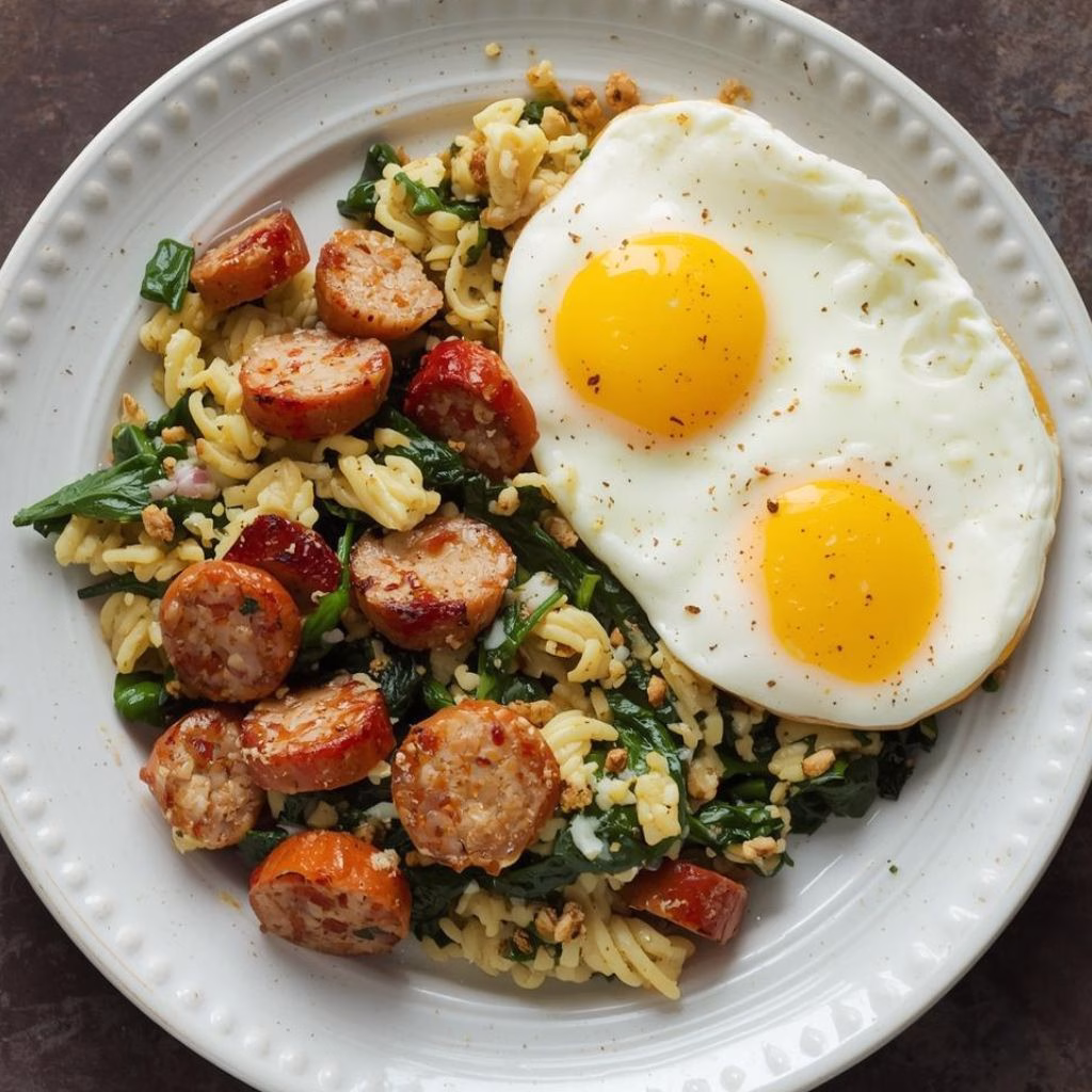 Protein-Packed Scrambled Eggs with Chicken Sausage & Sautéed Spinach Recipe