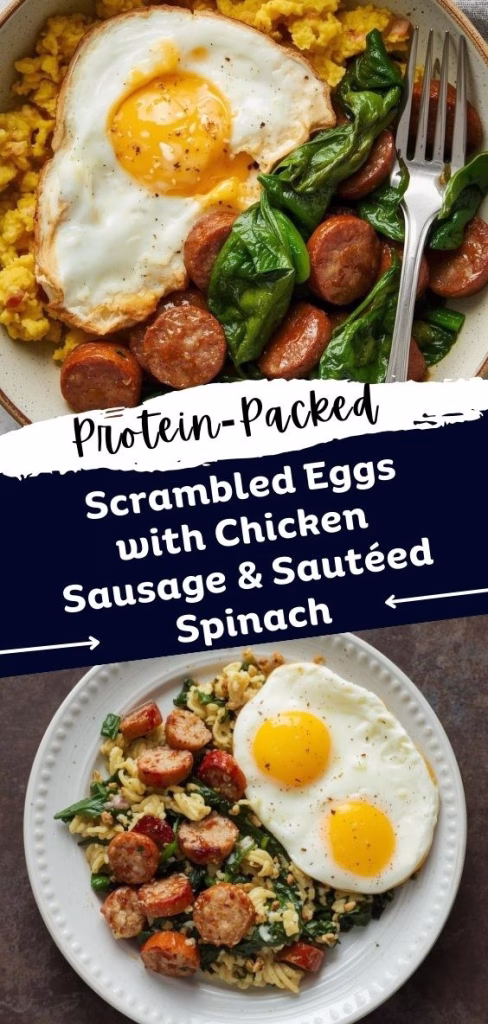 Protein-Packed Scrambled Eggs with Chicken Sausage & Sautéed Spinach Recipe