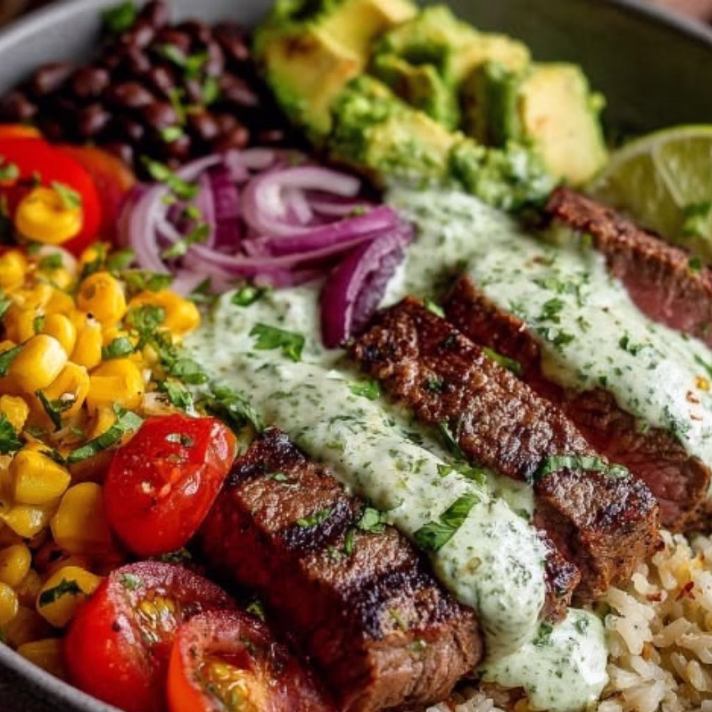 Steak Avocado and Roasted Corn Bowl with Cilantro Cream Sauce Recipe
