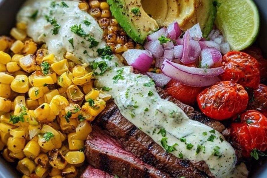 Steak Avocado and Roasted Corn Bowl with Cilantro Cream Sauce Recipe