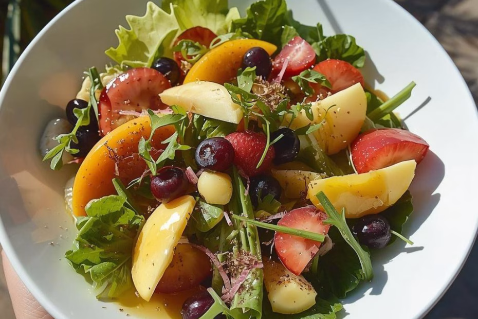 Summer Salad With Fruits, Greens, And A Zesty Lemon Dressing