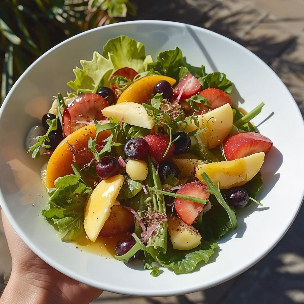 Summer Salad With Fruits, Greens, And A Zesty Lemon Dressing