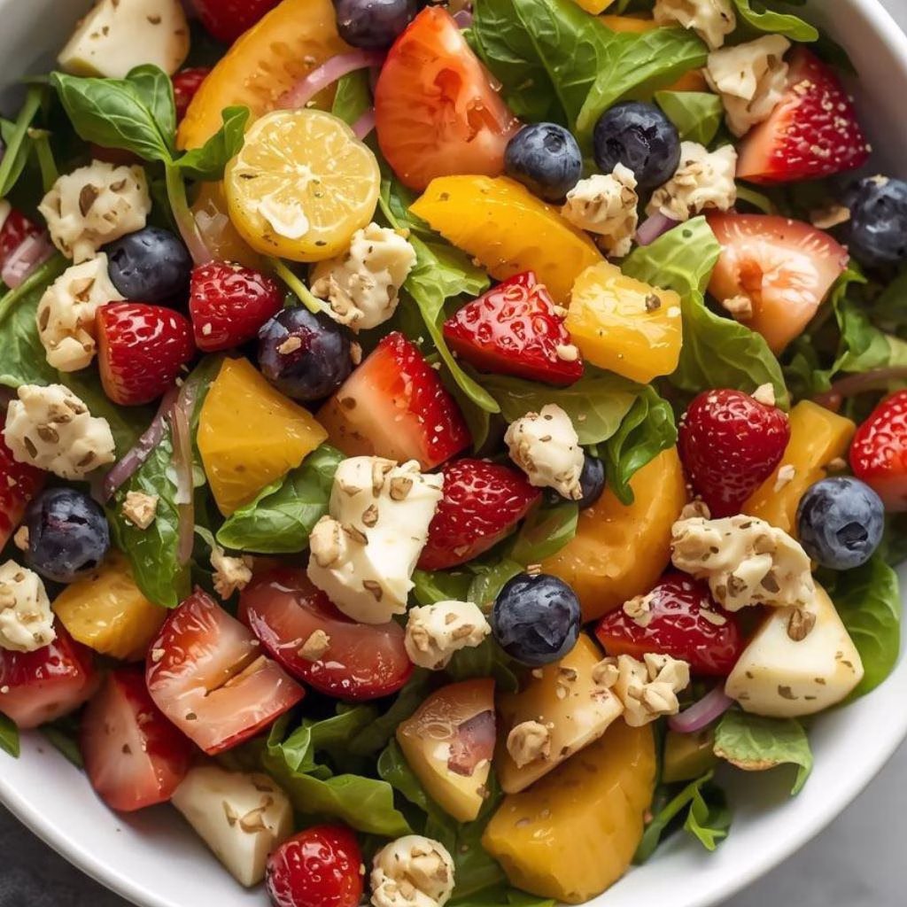Summer Salad With Fruits, Greens, And A Zesty Lemon Dressing
