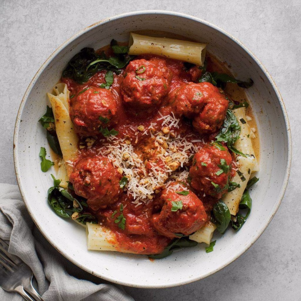 Zesty Turkey & Ricotta Meatballs with Garlic Spinach Rigatoni Recipe