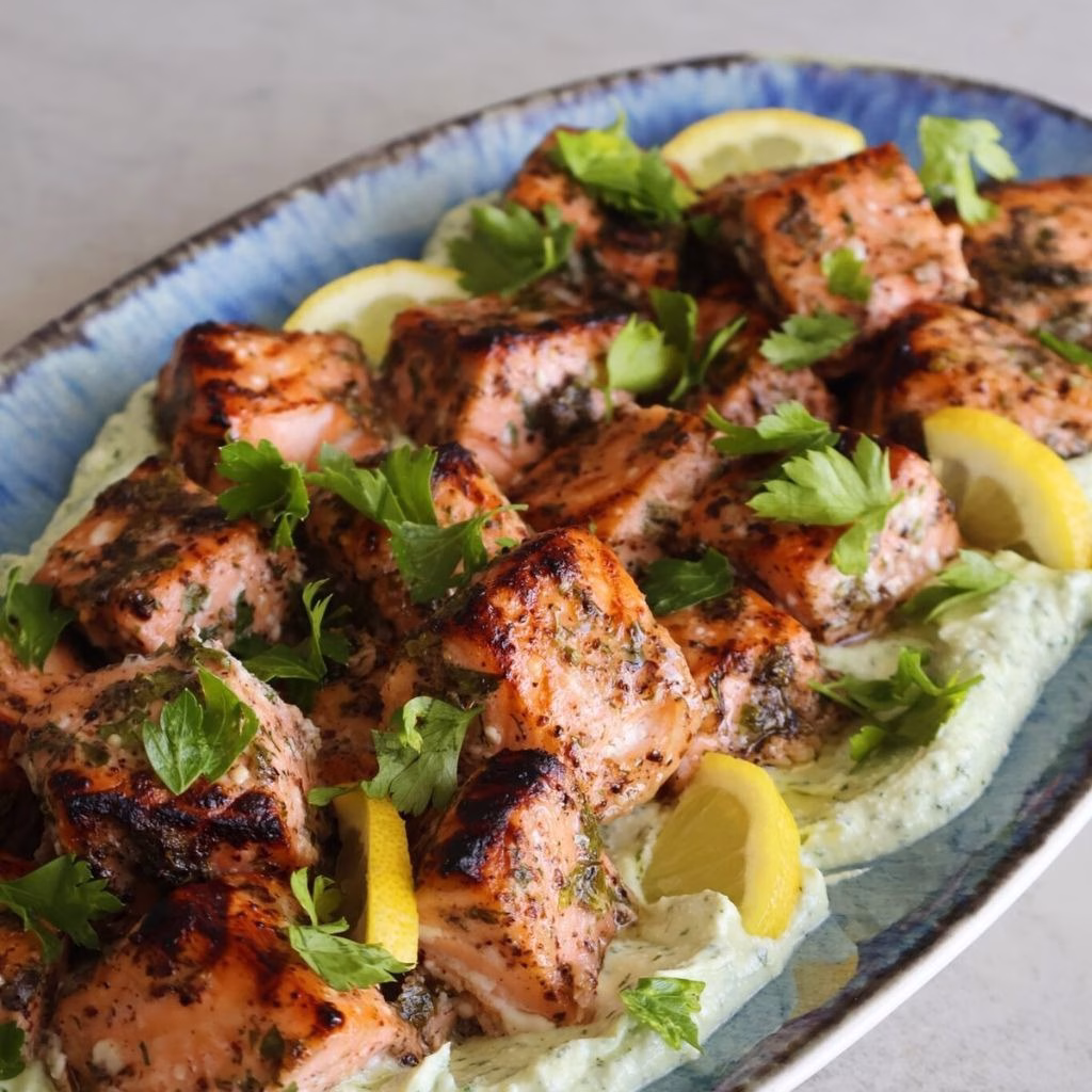 Sumac Salmon Bites with Herb Whipped Feta Recipe