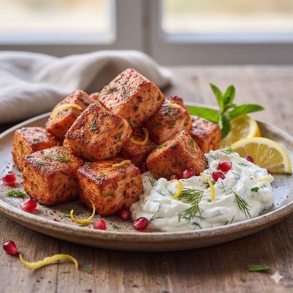 Sumac Salmon Bites with Herb Whipped Feta Recipe