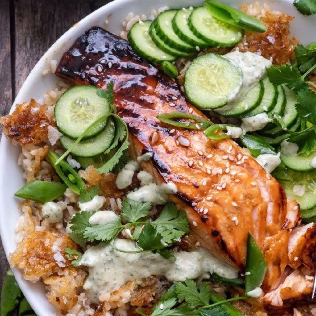 Crunchy Brown Rice Bowls with Salmon and Herbed Tahini Recipe