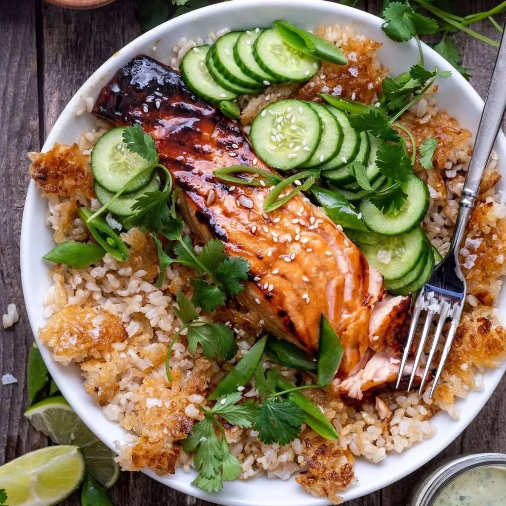 Crunchy Brown Rice Bowls with Salmon and Herbed Tahini Recipe