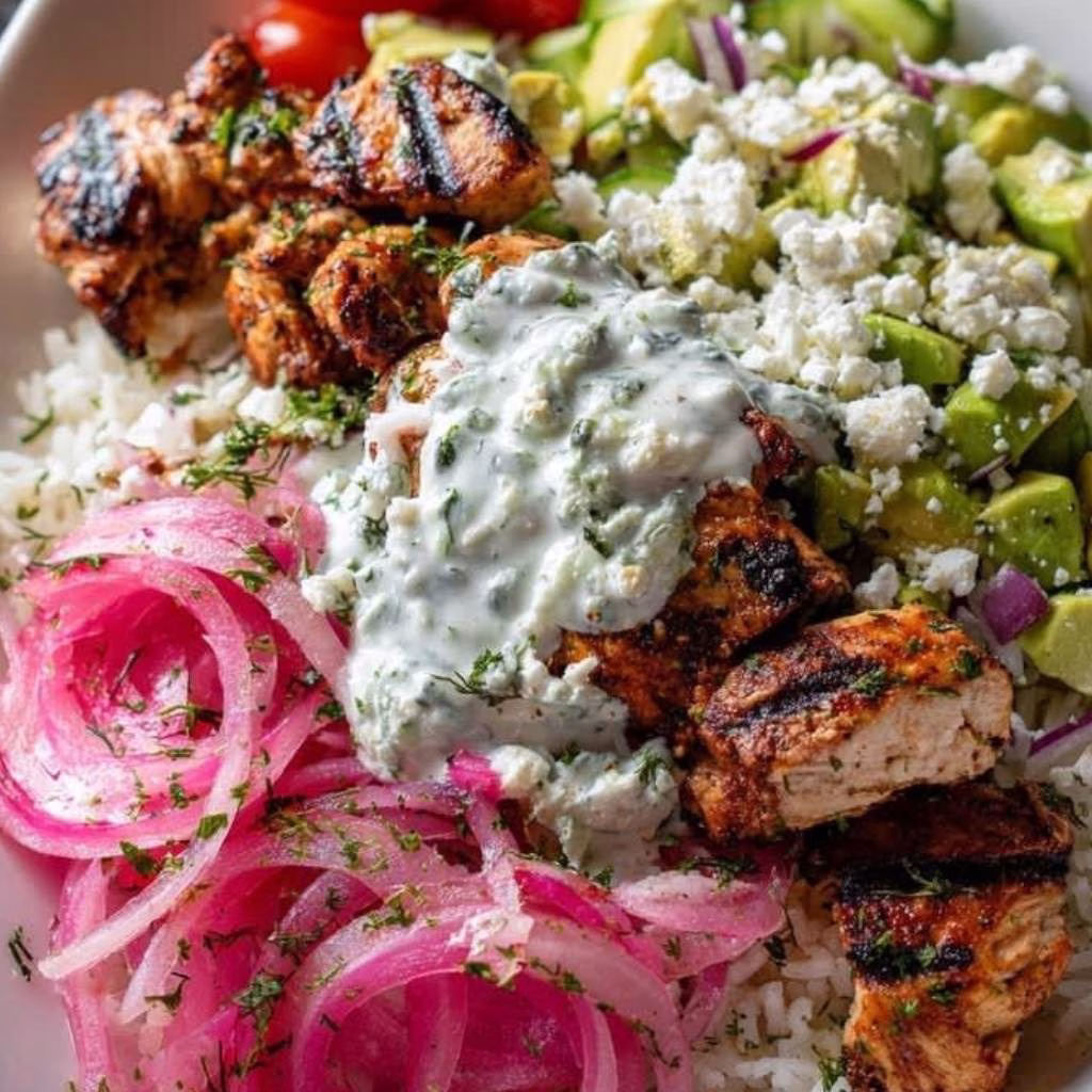 Greek Chicken Rice Bowl with Feta & Avocado Recipe