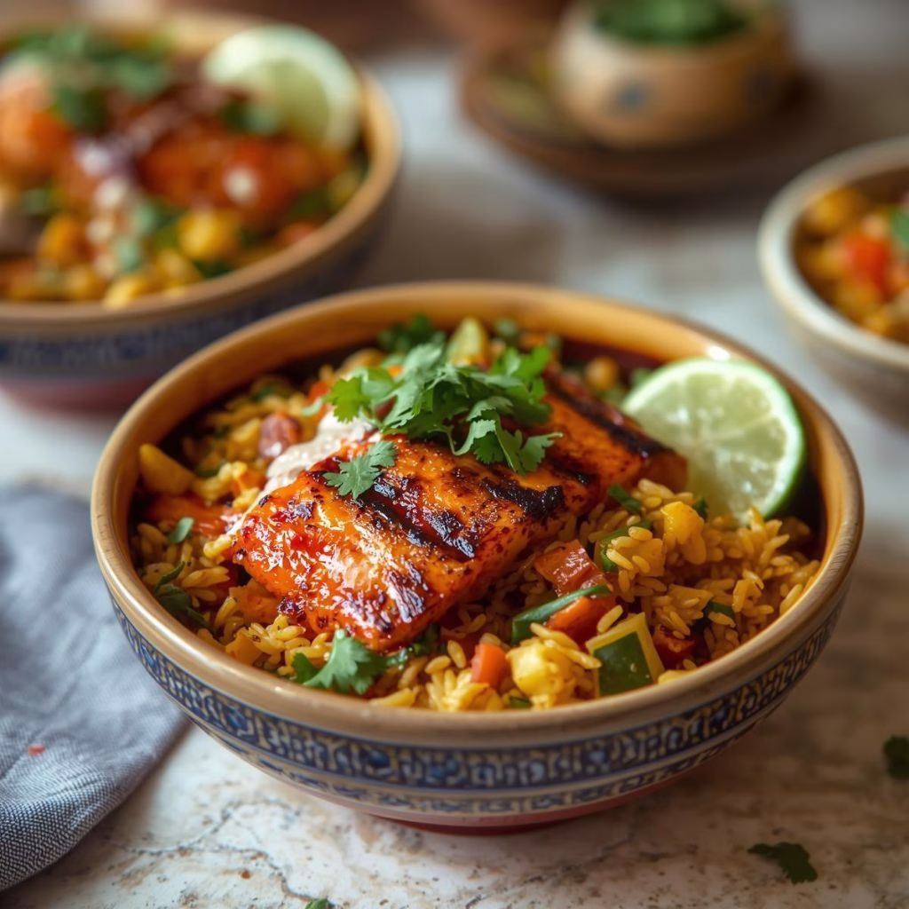 Tandoori & Yogurt-Marinated Salmon Bite Rice Bowls Recipe