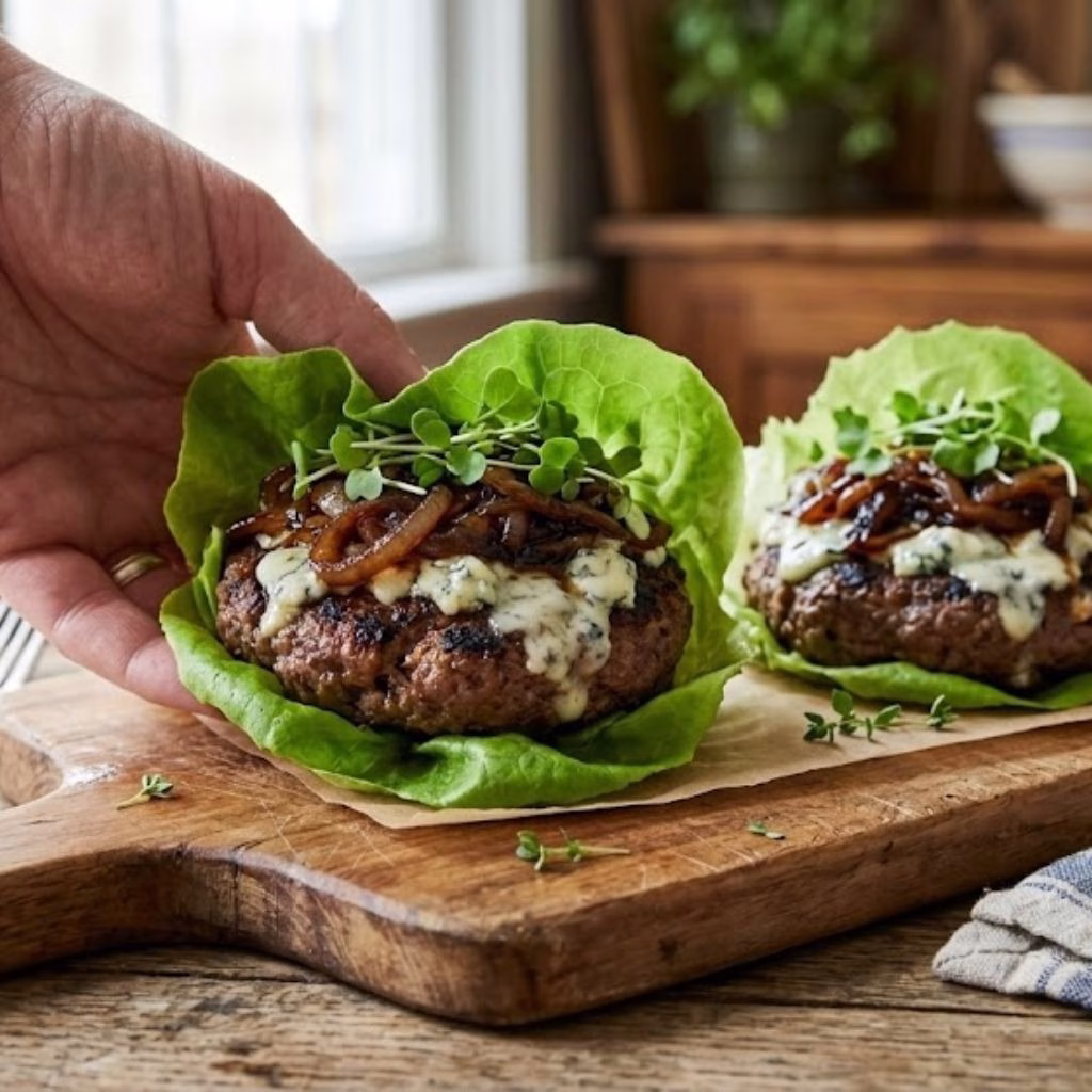 Lettuce Wrap Burgers with Caramelized Onions and Blue Cheese Recipe