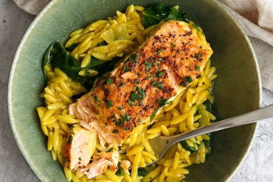 One Pan Creamy Coconut Orzo and Salmon Recipe