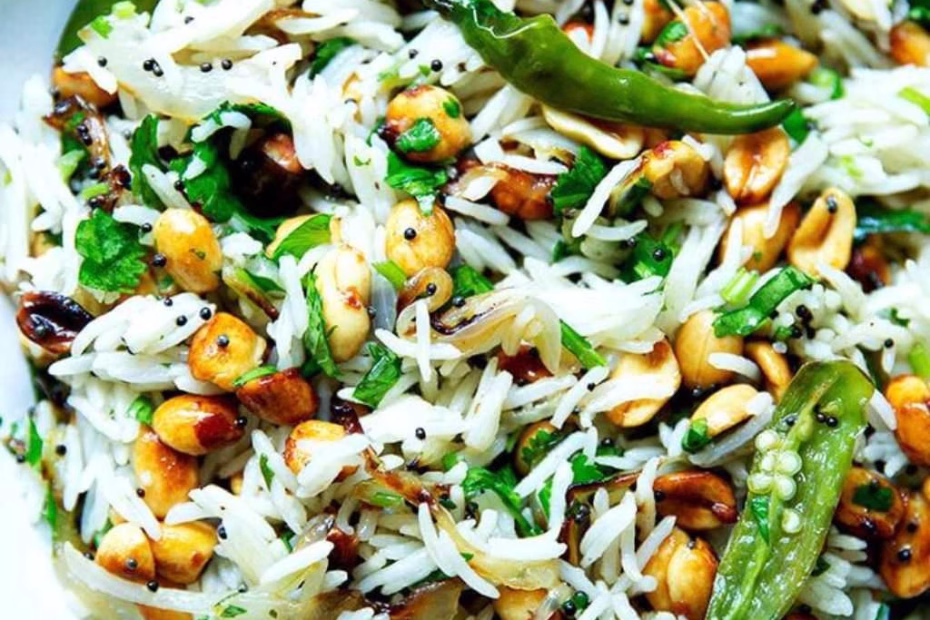 Indian Fried Rice with Peanuts, Chilies, & Cilantro Recipe