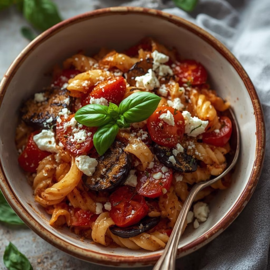 Charred Eggplant Pasta with Tomatoes & Goat Cheese Recipe