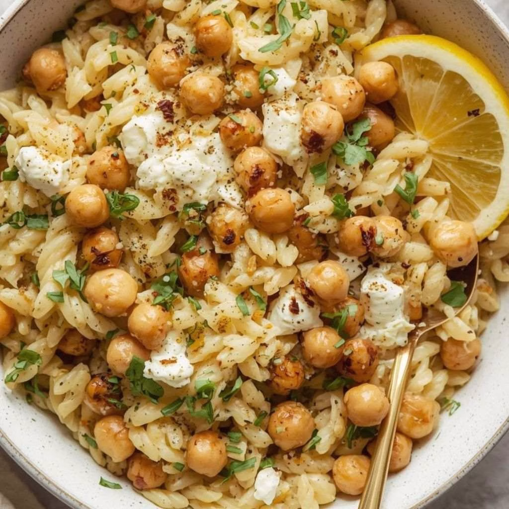 Creamy Lemon Ricotta Orzo with Garlic-Roasted Chickpeas Recipe
