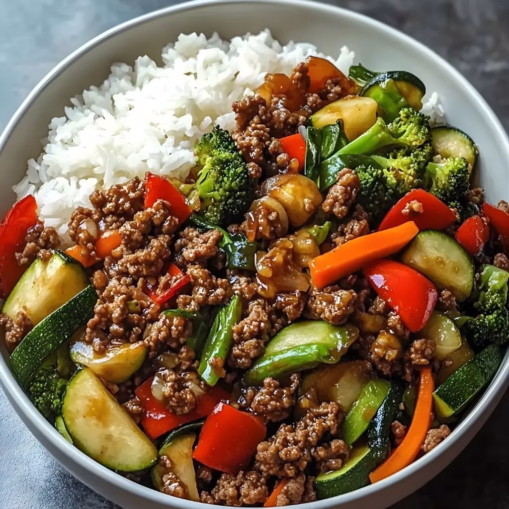 Spicy Ground Beef Stir-Fry Bowl with Garlic Veggies Delight Recipe