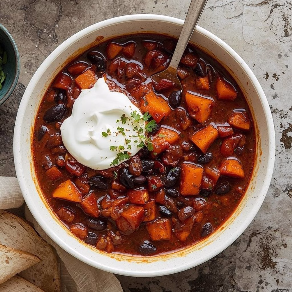 Smoky Sweet Potato and Black Bean Chili with Herby Yogurt Recipe
