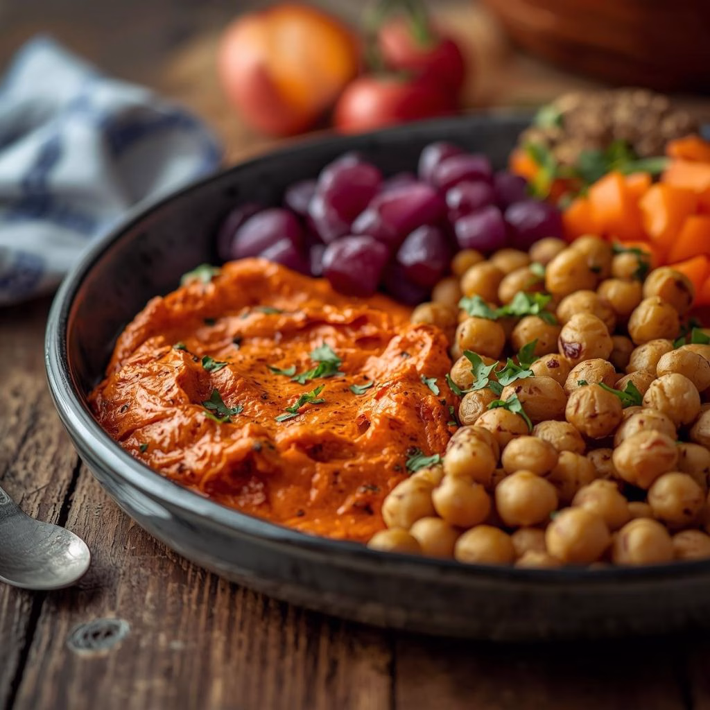 Red Pepper Feta Dip with Roasted Potatoes & Chickpeas Recipe