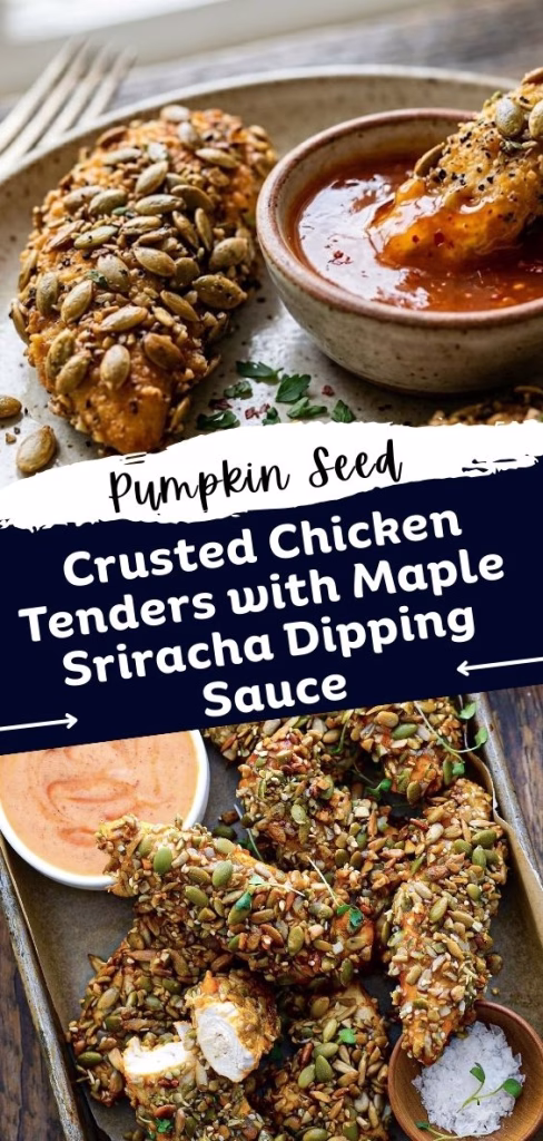 Pumpkin Seed Crusted Chicken Tenders with Maple Sriracha Dipping Sauce