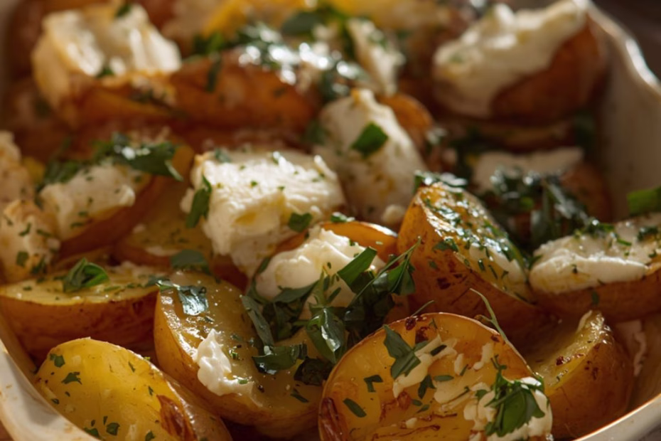 Roasted Potatoes with Baked Feta and Garlic Recipe