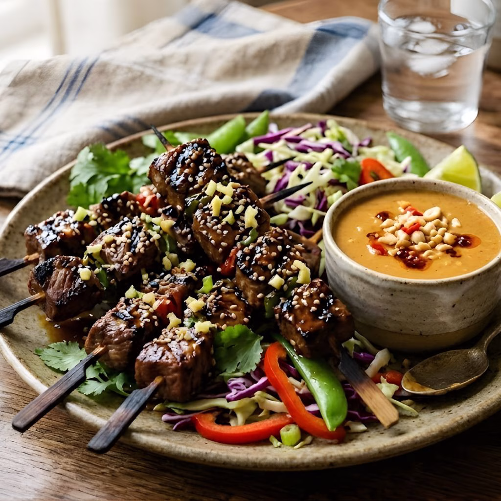 Sesame Ginger Steak Skewers with Peanut Sauce Recipe
