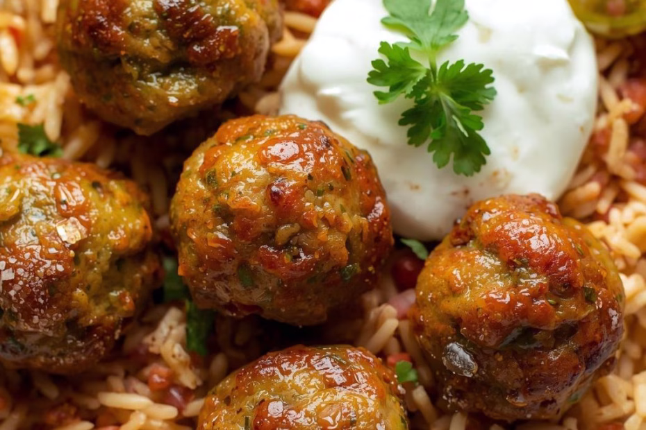 Spiced Green Meatballs with Pickle Rice & Yogurt Recipe
