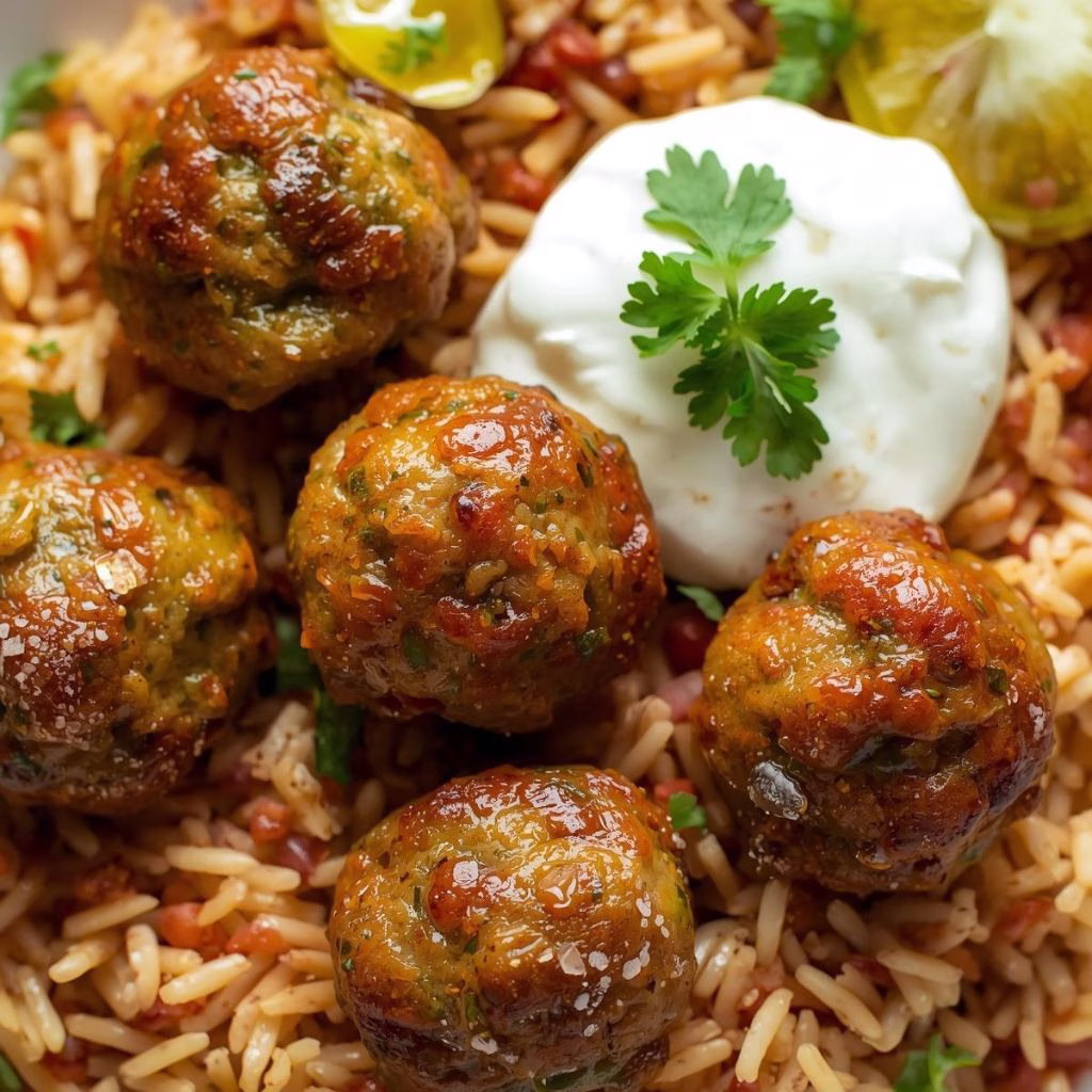 Spiced Green Meatballs with Pickle Rice & Yogurt Recipe