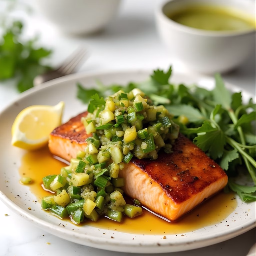 Miso Butter Salmon with Sizzled Scallion Salsa Verde Recipe
