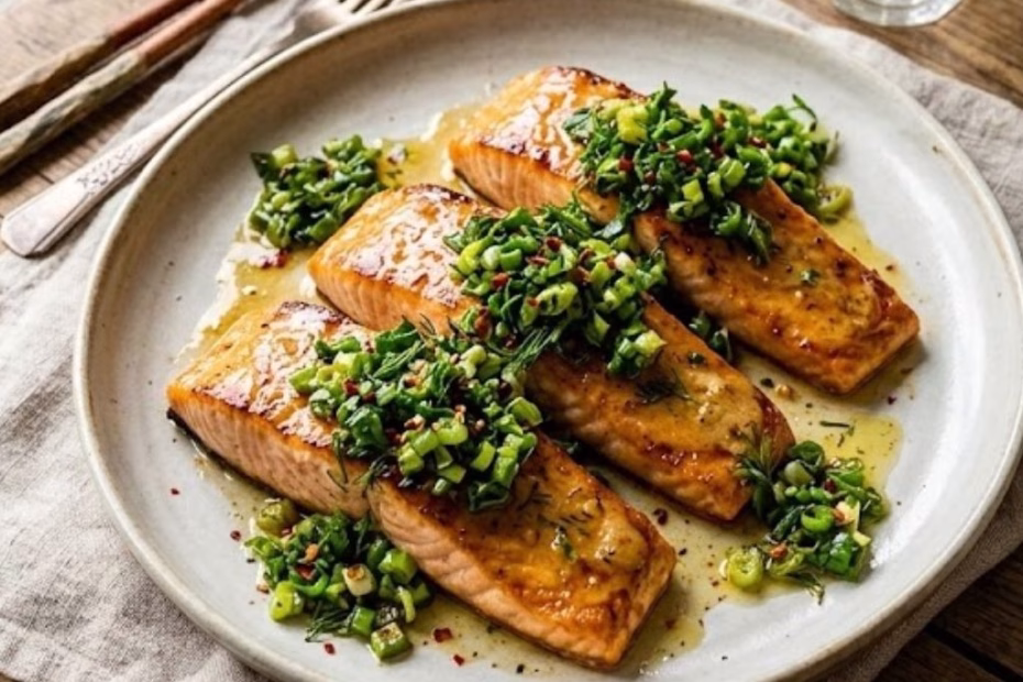 Miso Butter Salmon with Sizzled Scallion Salsa Verde Recipe